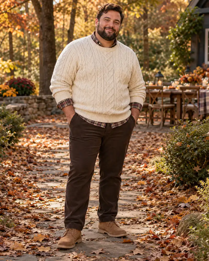 Cream Cable-Knit and Plaid Accent