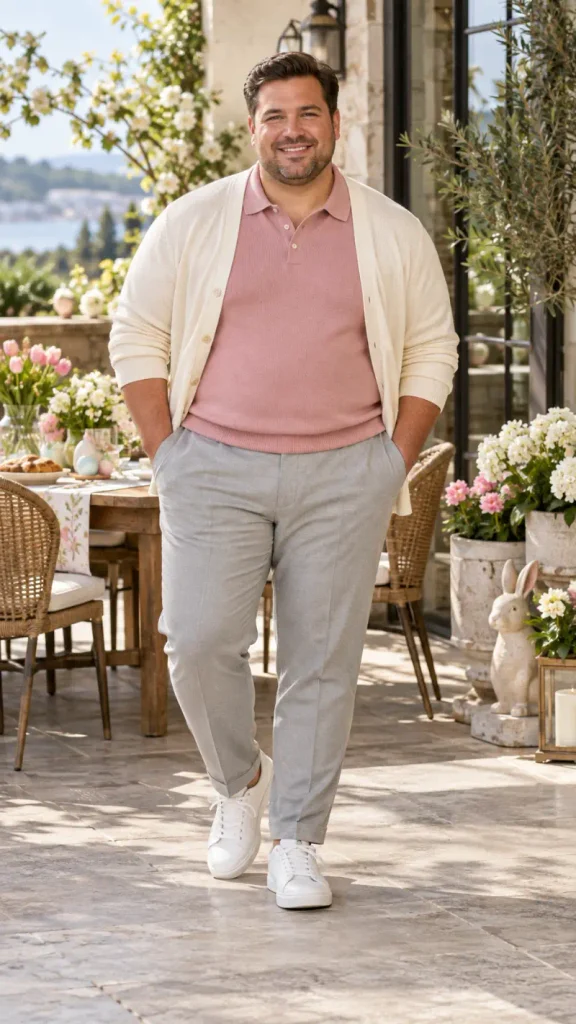 Cream Cardigan and Pink Polo Casual Look
