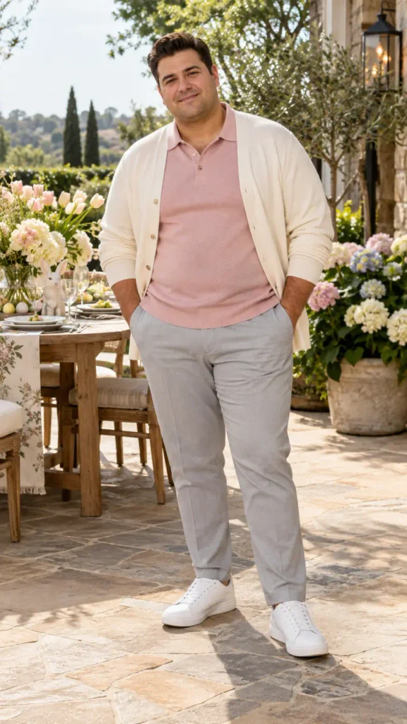 Cream Cardigan and Pink Polo Relaxed Style