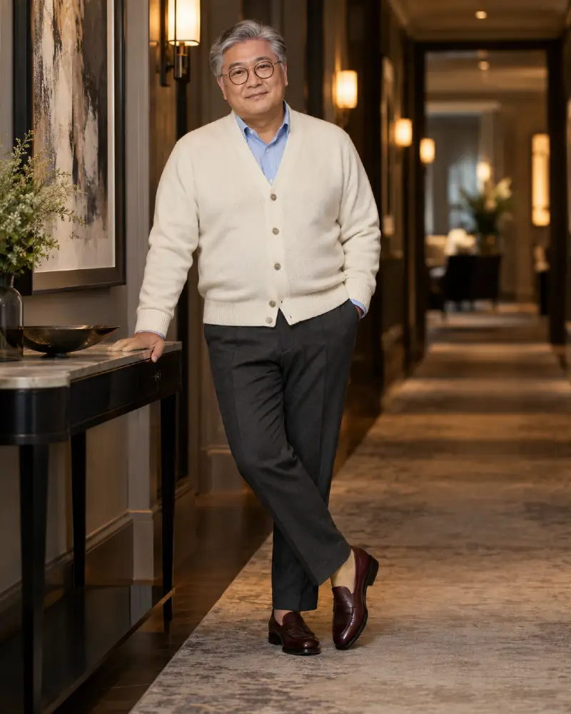 Cream Cardigan and Polished Burgundy Loafers