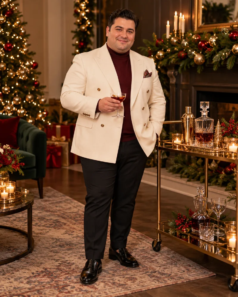Cream Double-Breasted Blazer With a Burgundy Turtleneck