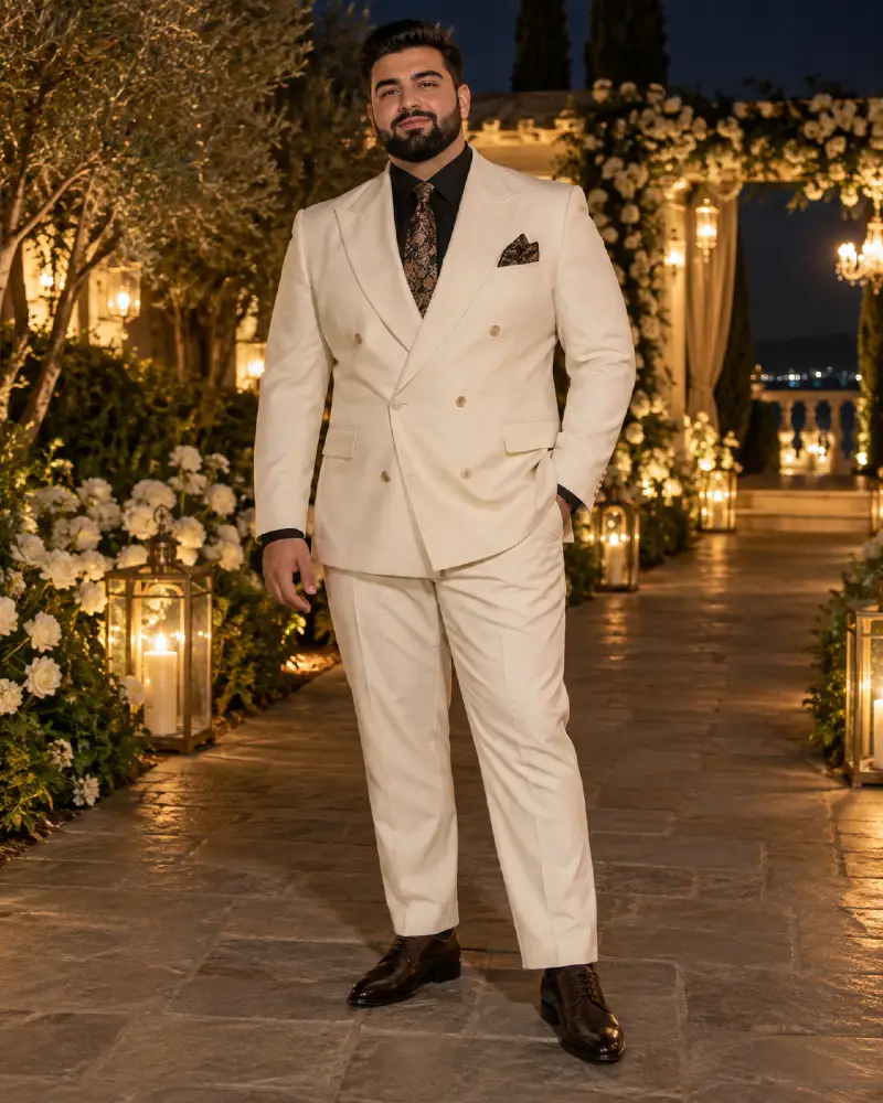 Cream Double Breasted Suit With Black Shirt And Lanterns