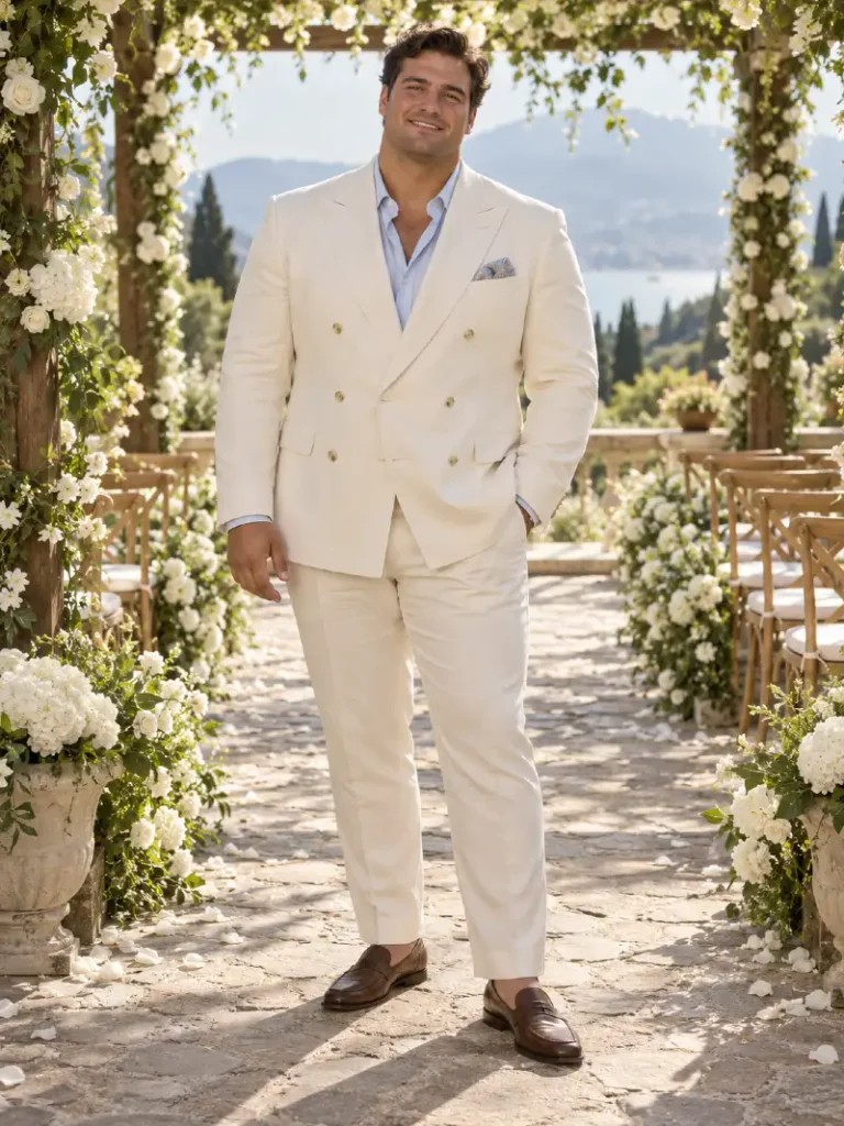 Cream Double Breasted Suit With Blue Accents