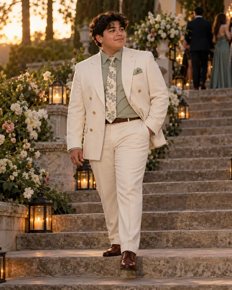 Cream Double Breasted Suit With Sage Green Shirt For Garden Receptions