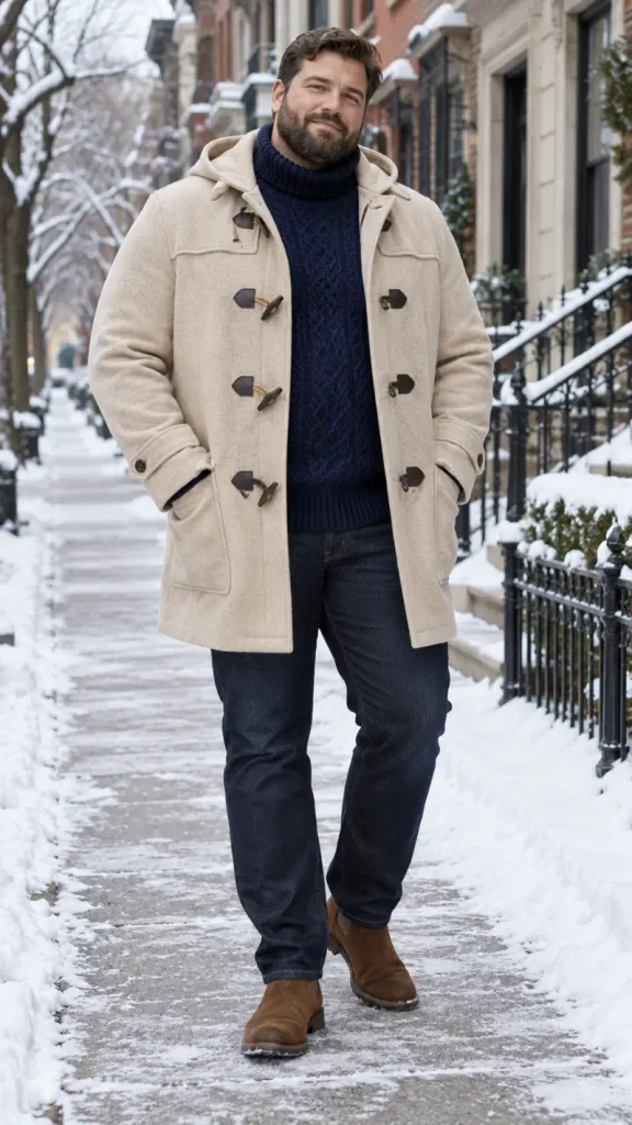 Cream Duffle Coat and Navy Cable Knit