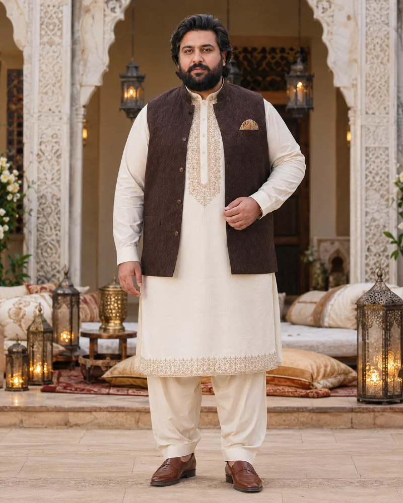 Cream Embroidered Shalwar Kameez with Dark Brown Waistcoat