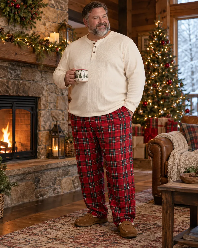 Cream Henley With Roomy Red Tartan Pajama Pants