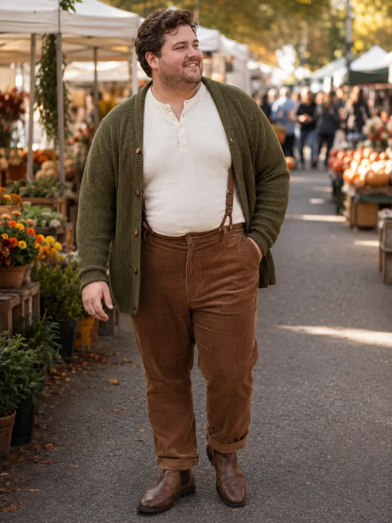 Cream Henley, and Corduroy Trousers Outfit
