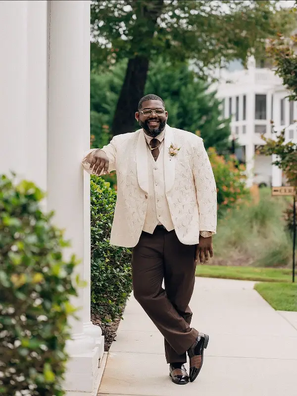 Cream Jacquard Tuxedo Jacket and Chocolate Trousers