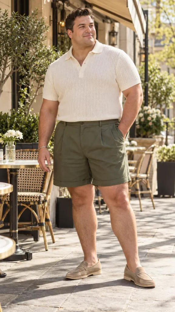 Cream Knit Polo and Pleated Olive Shorts