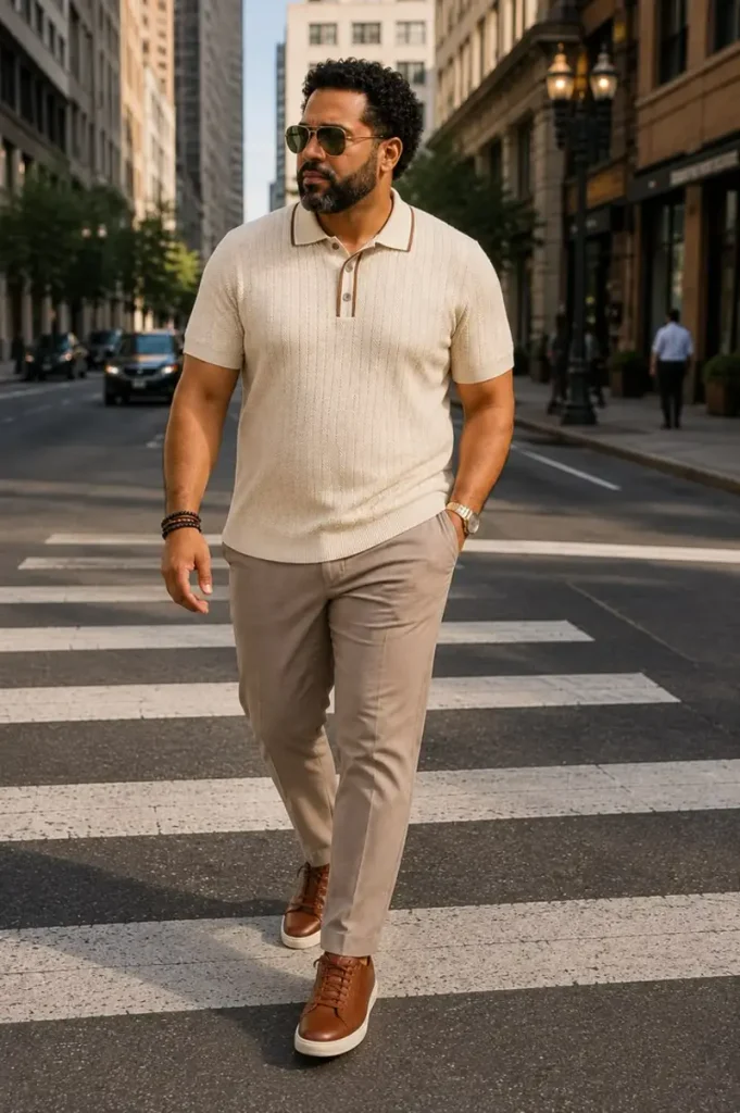 Cream Knit Polo and Tonal Taupe Trousers