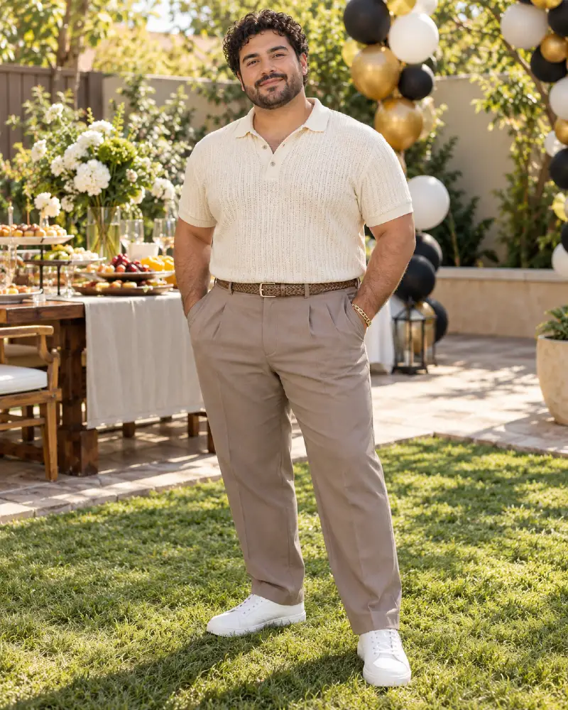 Cream Knit Polos and Taupe Trousers for Garden Gatherings