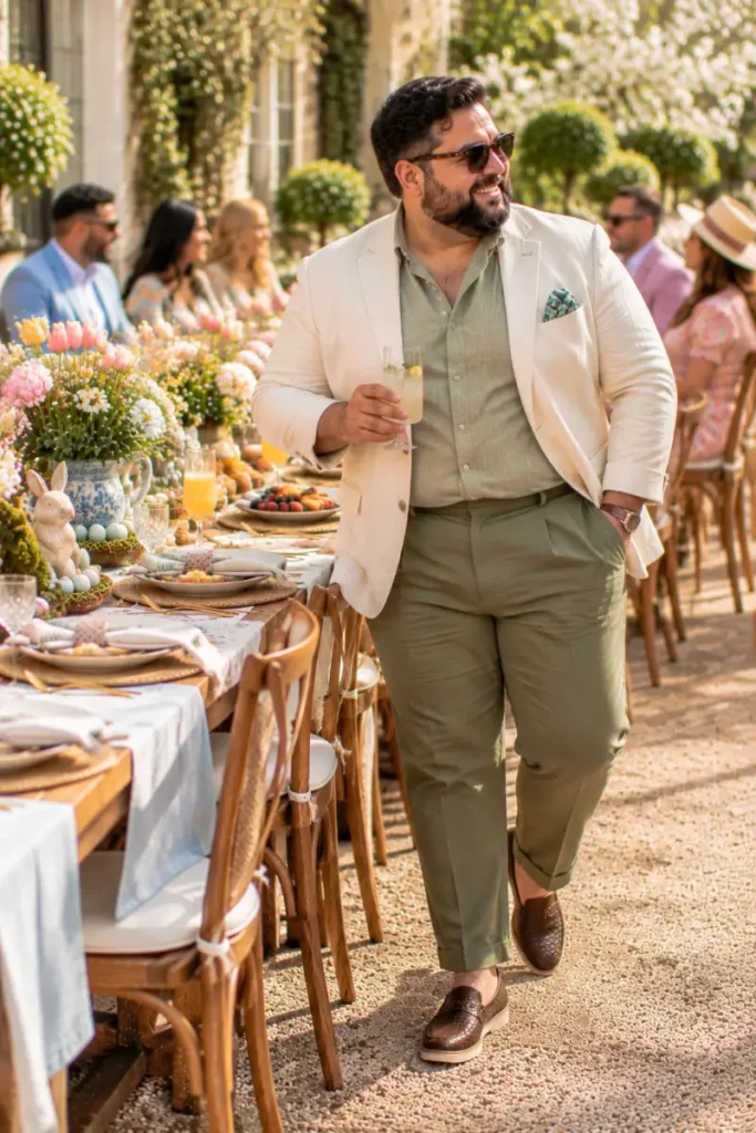 Cream Linen Blazer and Tonal Green Trousers