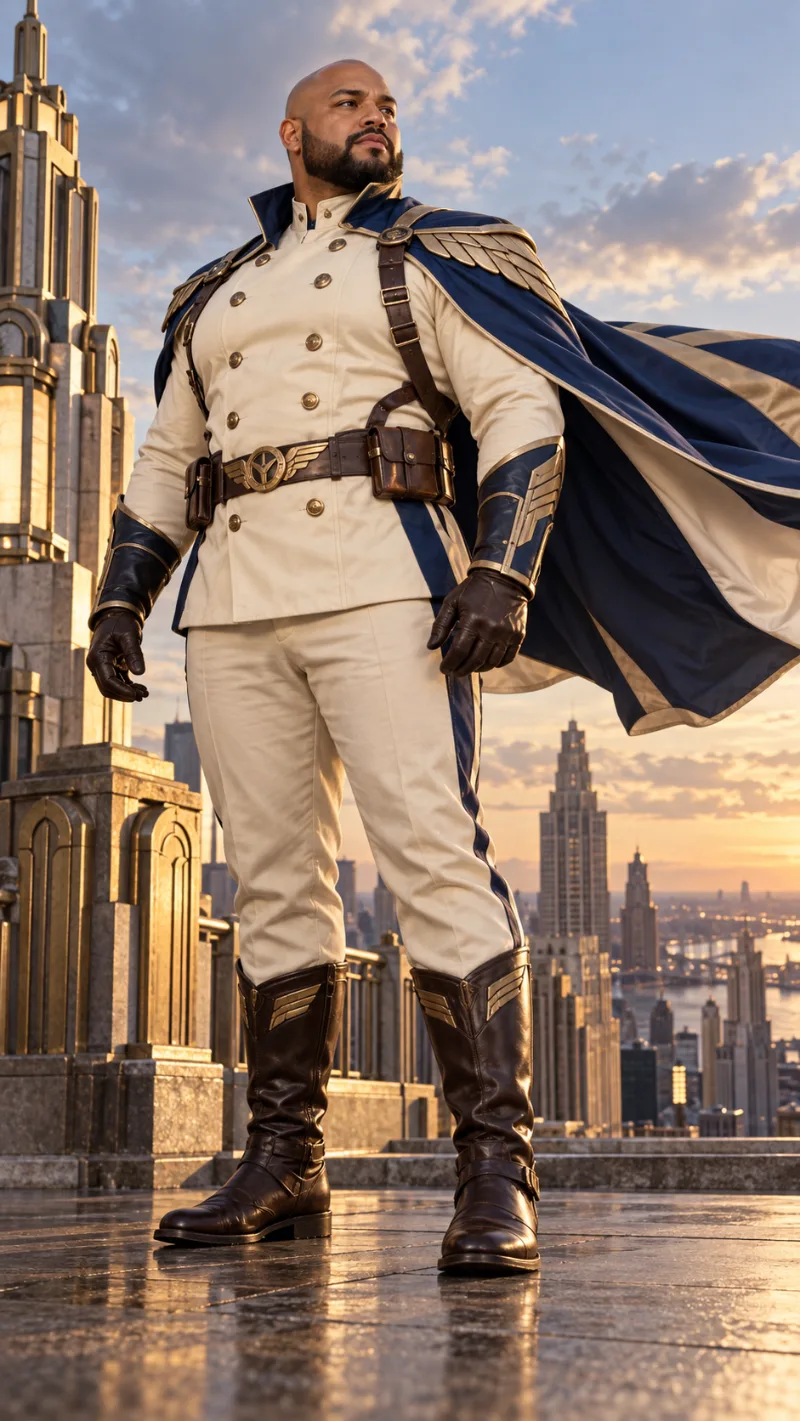 Cream Military-Style Jacket, Navy Cape & Brown Tall Boots