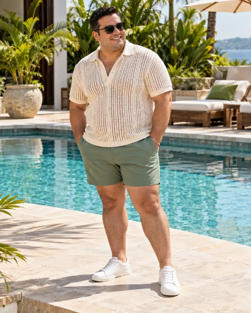 Cream Open Knit Polo With Soft Olive Shorts