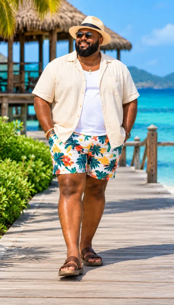 Cream Overshirt With Bright Tropical Print Shorts