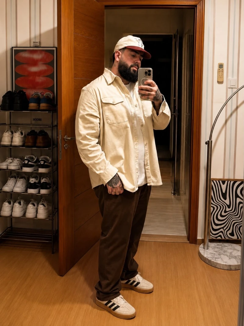 Cream Overshirt With Brown Trousers and Retro Sneakers