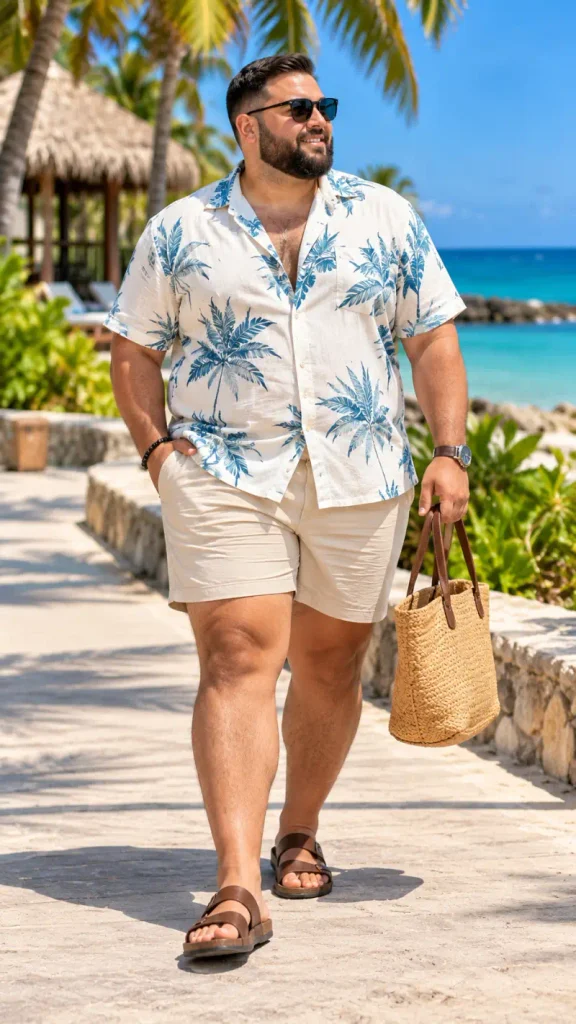 Cream Palm Print Shirt And Light Beige Shorts