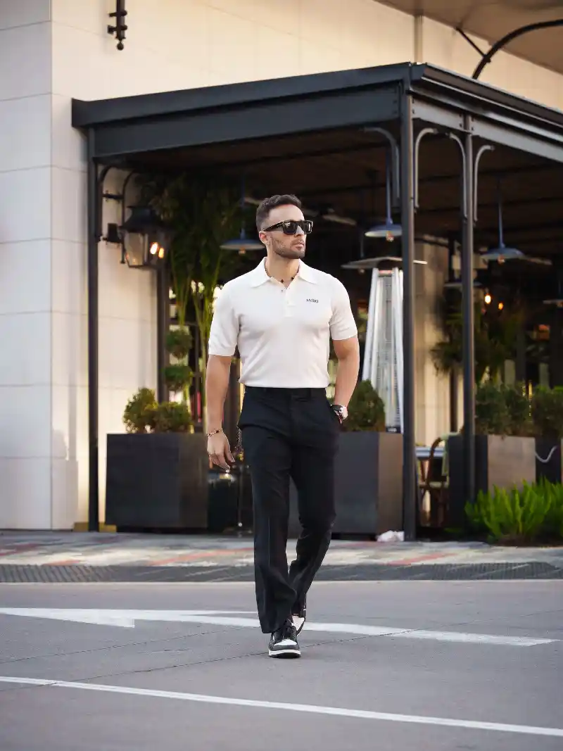 Cream Polo Shirt and Black Trousers