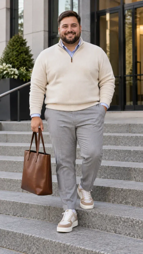 Cream Quarter Zips and Light Grey Trousers