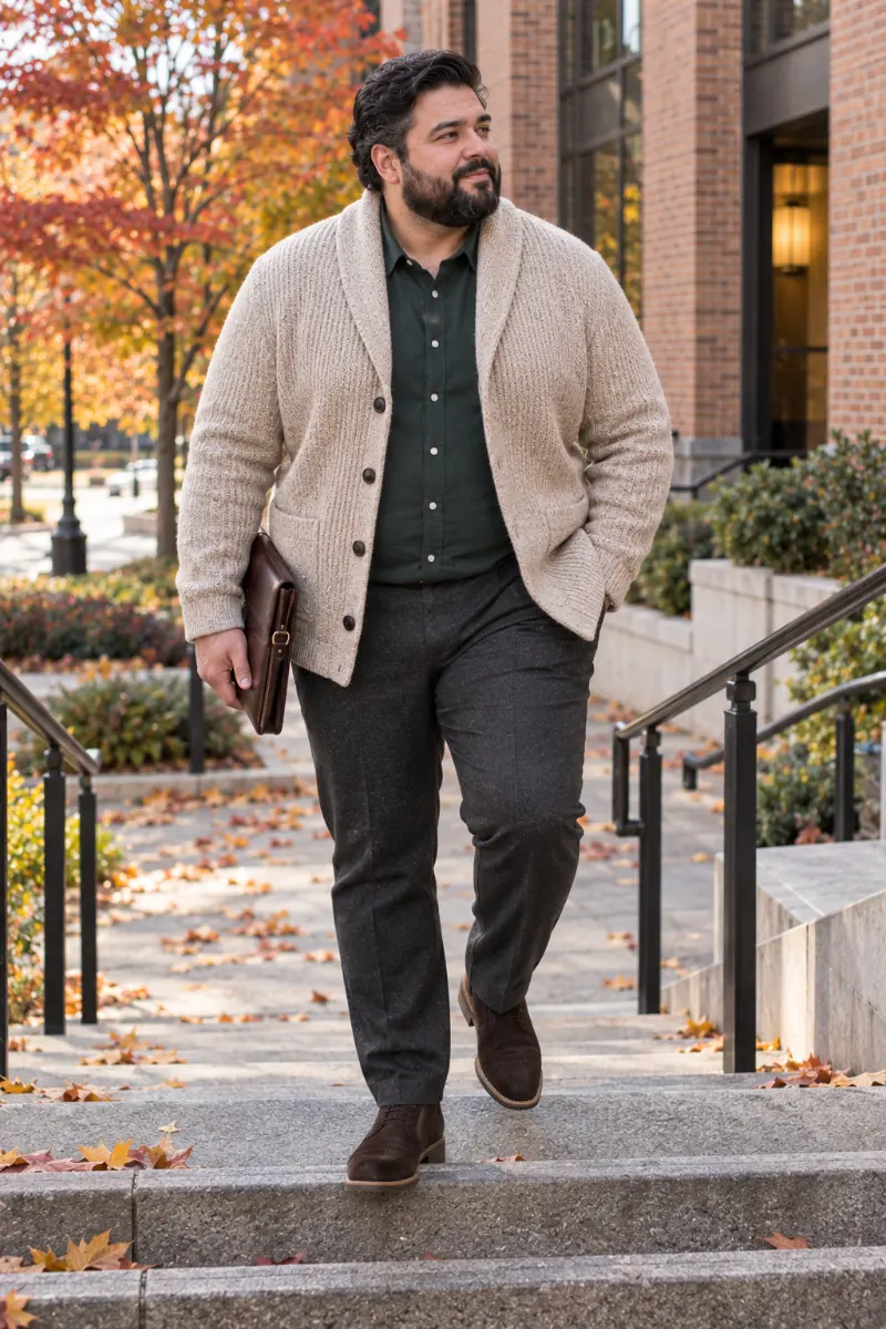 Cream Shawl Cardigan With Forest Green Shirt