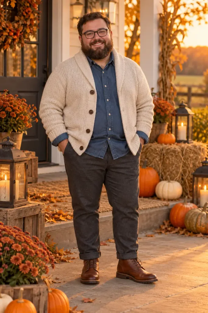 Cream Shawl Cardigan and Blue Denim Shirt