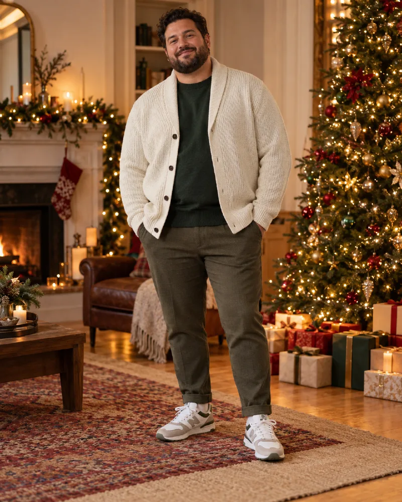 Cream Shawl-Collar Cardigan, Dark Green Sweater, Olive Trousers