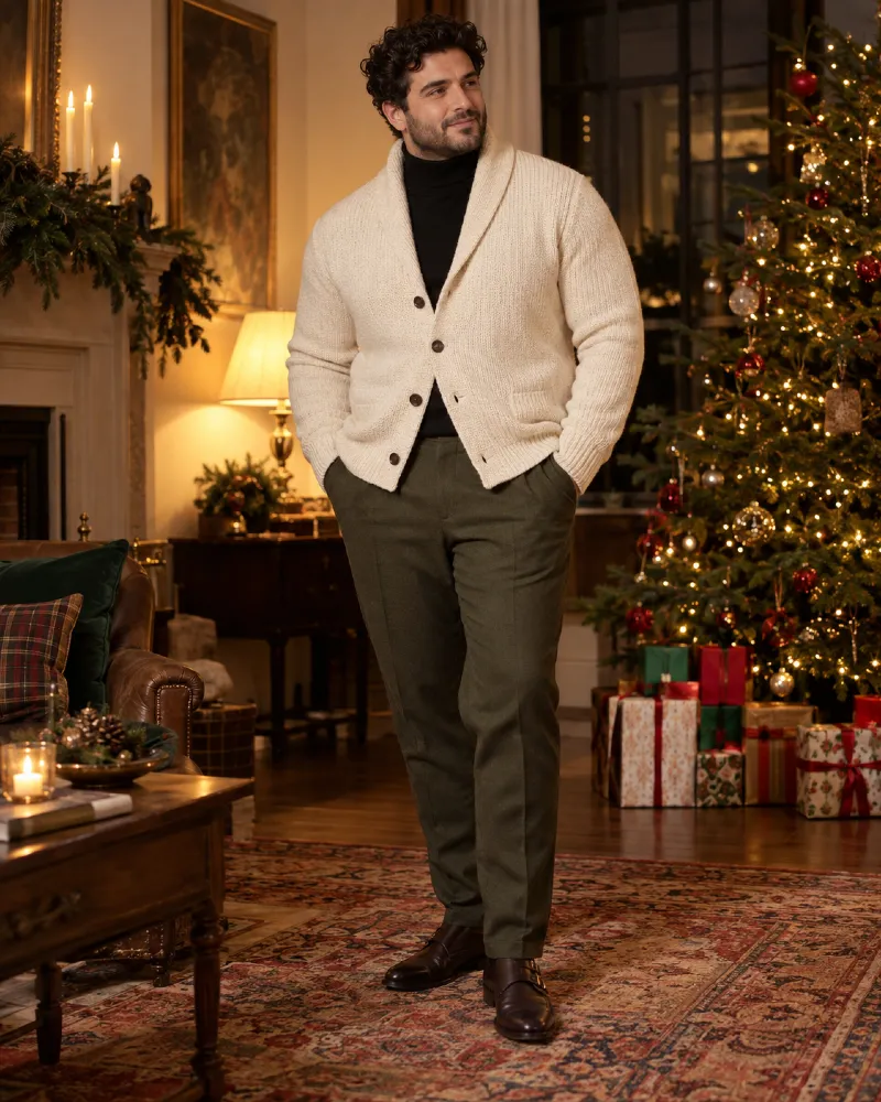 Cream Shawl Collar Cardigan with Black Turtleneck, Olive Green Trousers, and Brown Monk Strap Shoes