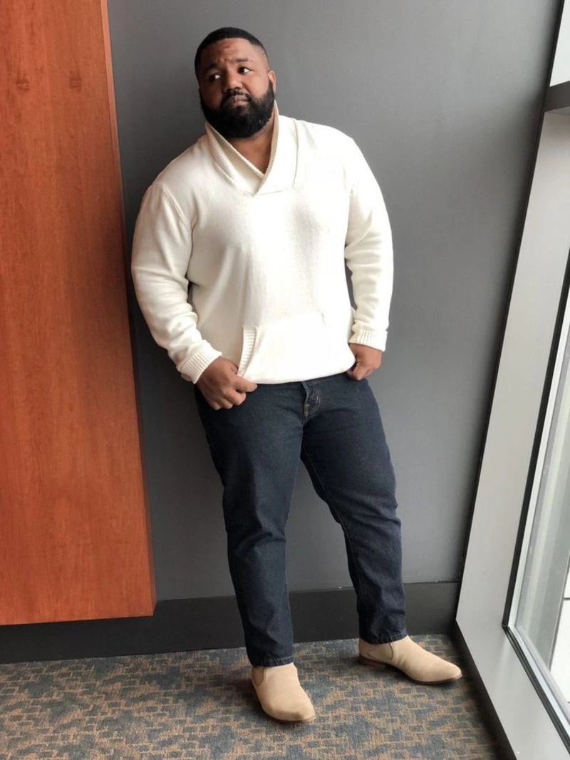 Cream Shawl-Collar Sweater With Dark Jeans