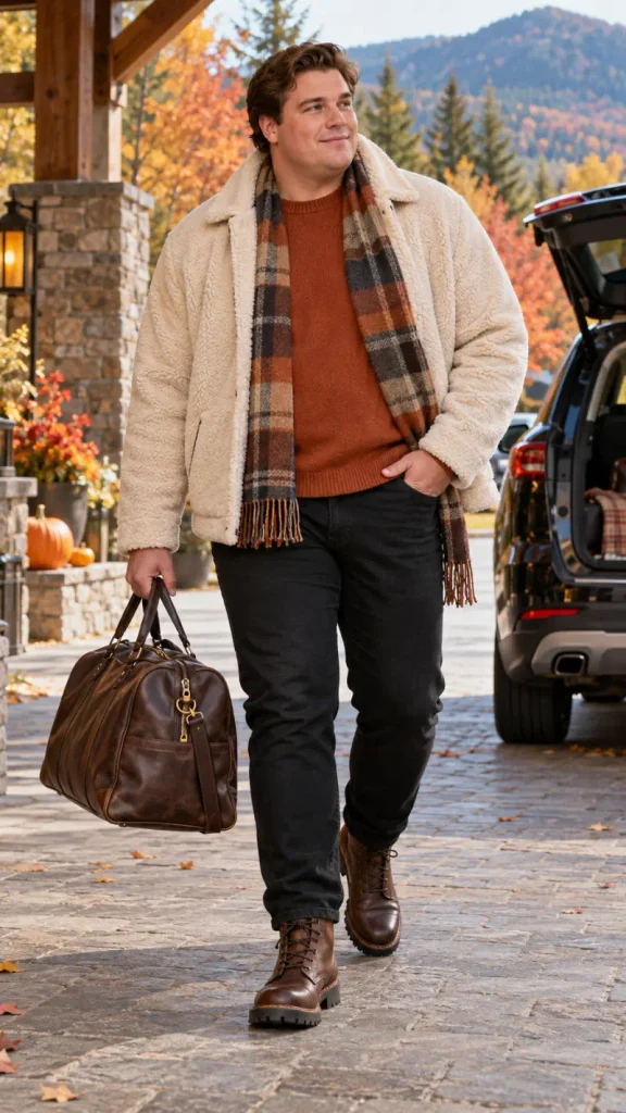 Cream Sherpa Outerwear with Warm Plaid Textures
