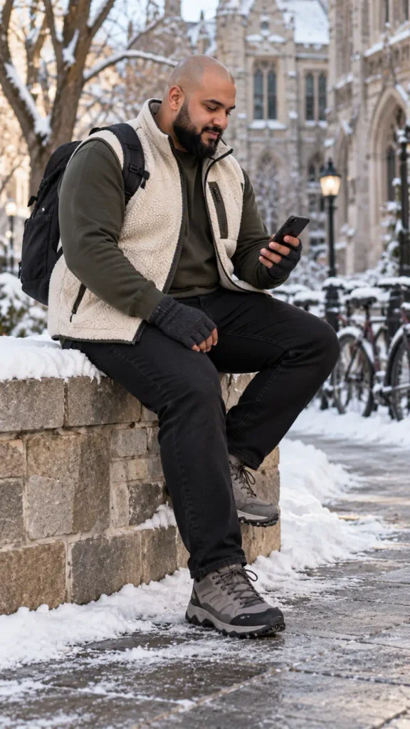 Cream Sherpa Vest and Olive Sweatshirt