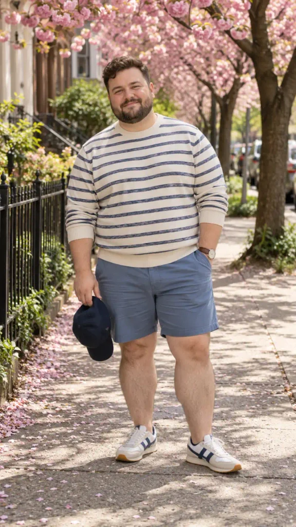 Cream Striped Sweater and Muted Blue Shorts