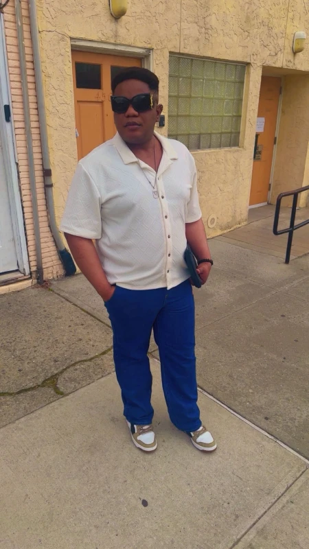 Cream Textured Camp Shirt and Royal Blue Jeans