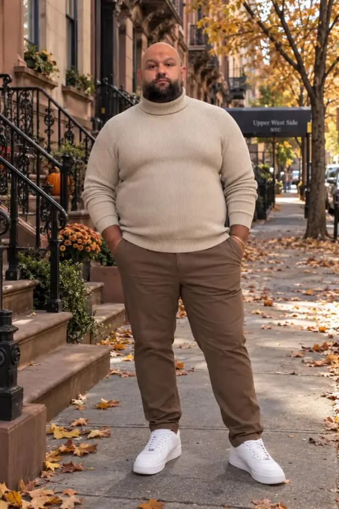 Cream Turtleneck And Earthy Brown Trousers