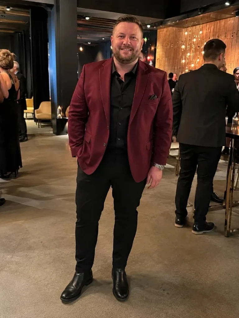 Crimson Blazer Over a Dark Monochrome Base
