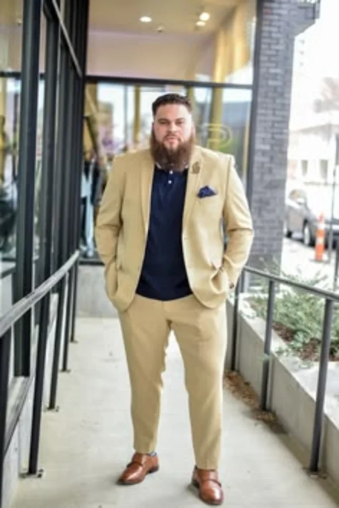 Crisp Tan Suit Over Deep Navy Knit