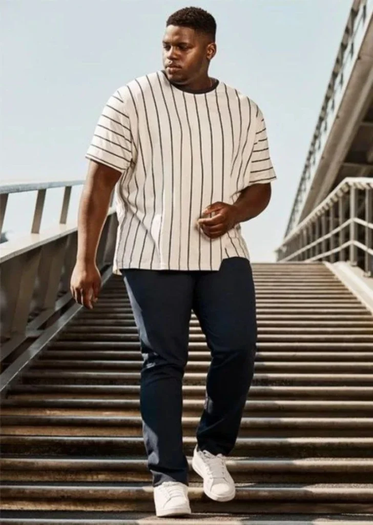 Crisp Vertical Stripes and Dark Trousers