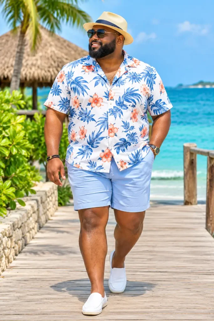 Crisp White Floral Shirt Over Light Blue Shorts
