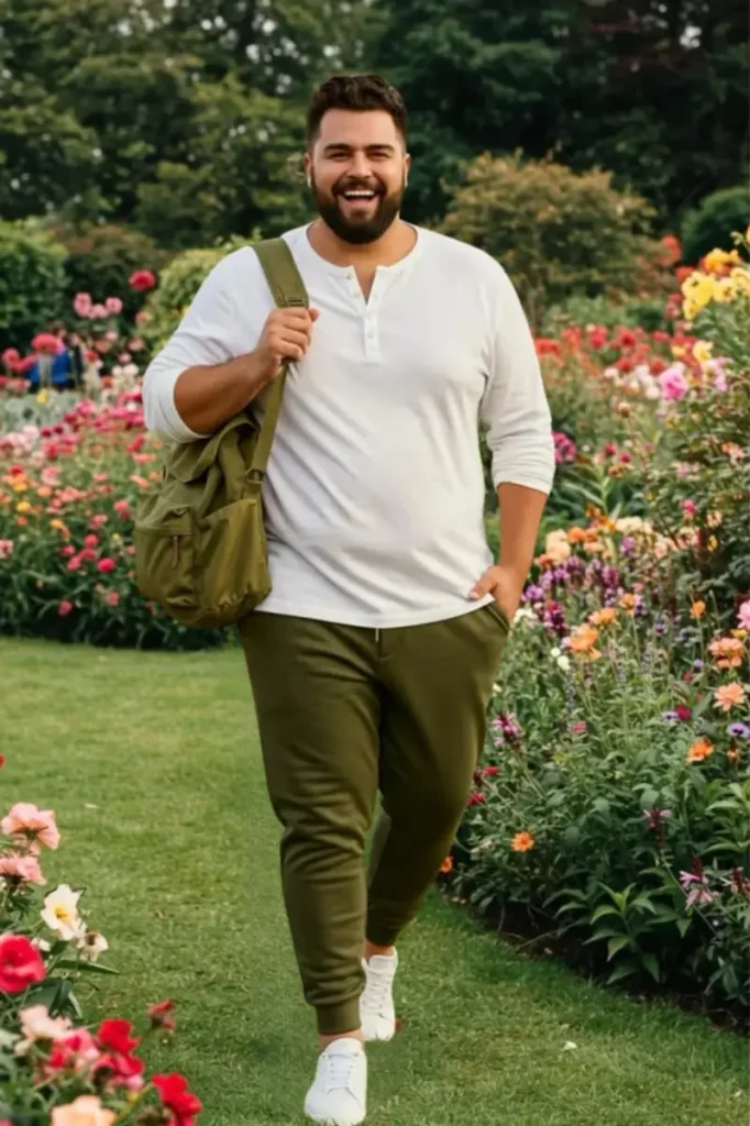 Crisp White Henley and Grounded Olive Joggers