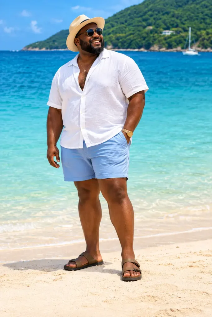 Crisp White Shirt And Soft Blue Shorts Under A Straw Hat