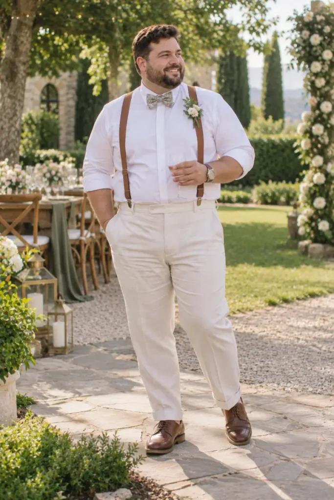 Crisp White Shirt With Brown Leather Suspenders