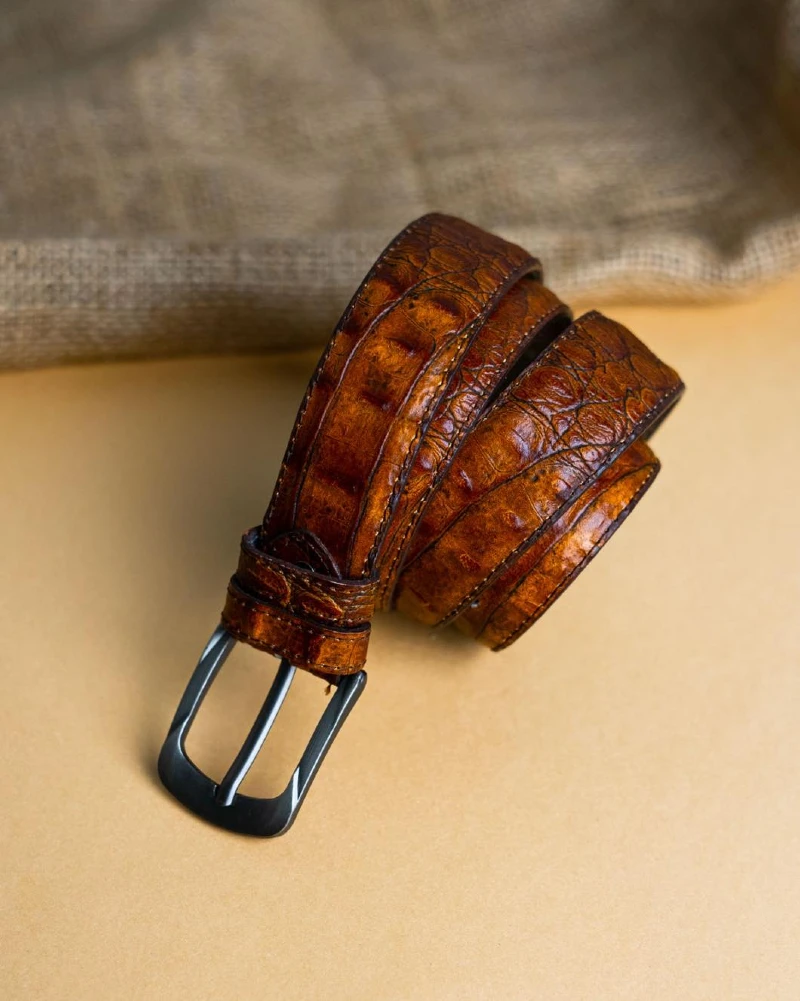 Croco-Embossed Cognac Leather Belt