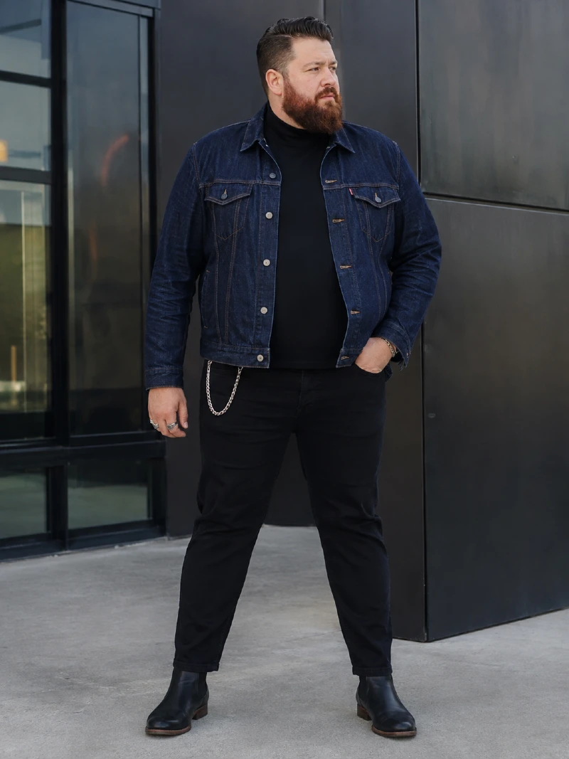 Dark Blue Denim Jacket, Black Turtleneck, and Wallet Chain