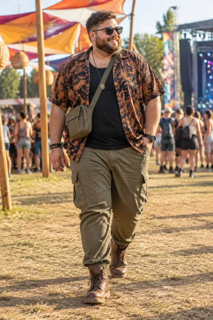 Dark Botanical Print With Olive Green Cargos
