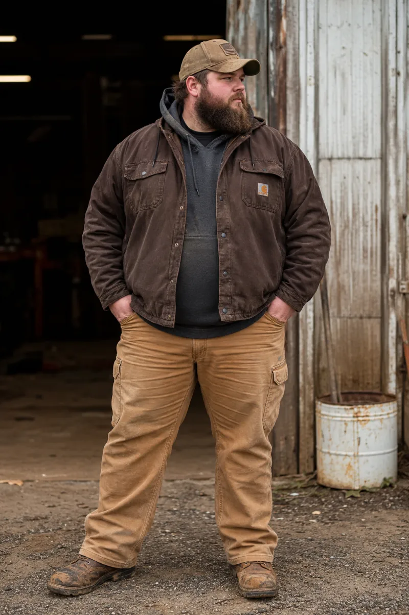 Dark Brown Canvas Jacket with Charcoal Hoodie, Tan Cargo Pants, and Baseball Cap