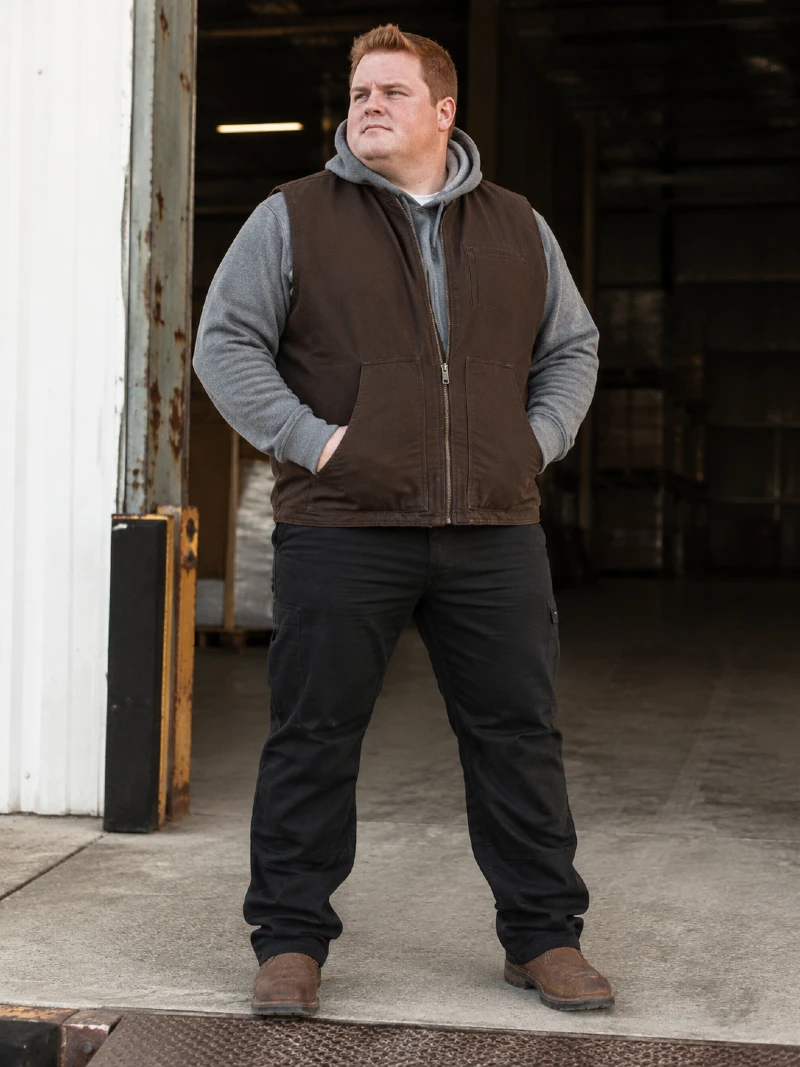 Dark Brown Canvas Work Vest with Heather Grey Hoodie and Black Cargo Pants