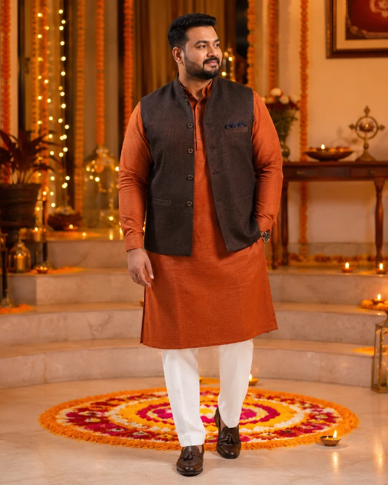 Dark Brown Nehru Jacket with Orange Kurta Pajama