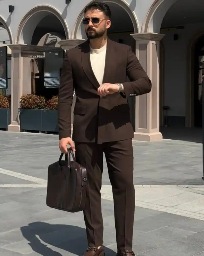 Dark Brown Suit and Cream T-Shirt