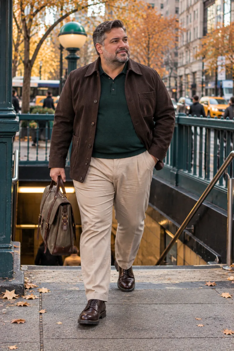 Dark Brown Work Jacket With Green Polo and Beige Trousers