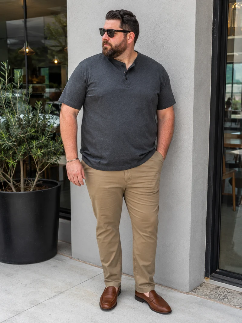 Dark Charcoal Short-Sleeve Henley and Khaki Chinos